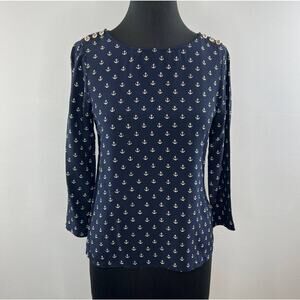 J. Crew 82583 Blue Beige Anchors Away Silk Shoulder Buttons Blouse Nautical 2